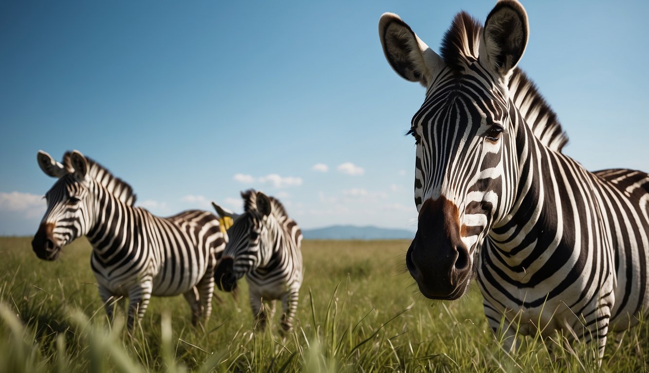 Zebras grazing on a vast grassland, surrounded by tall green grass and a clear blue sky above