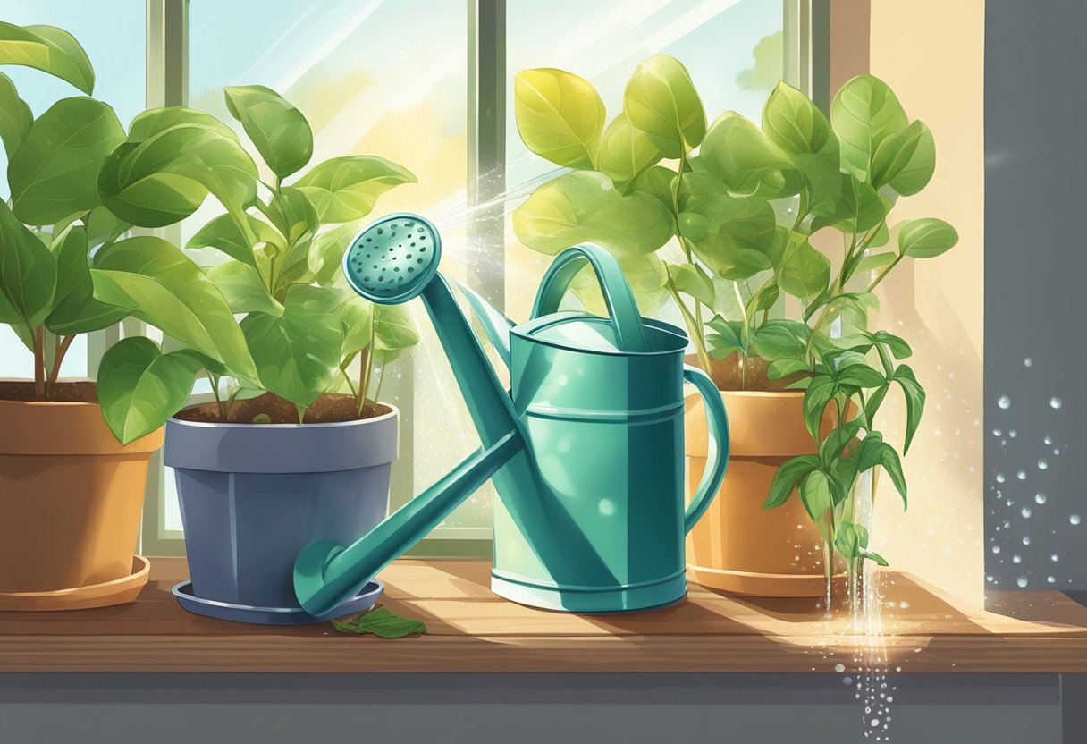 A watering can pouring water onto potted plants, with droplets glistening on the leaves and soil. Sunlight streaming through a nearby window illuminates the scene