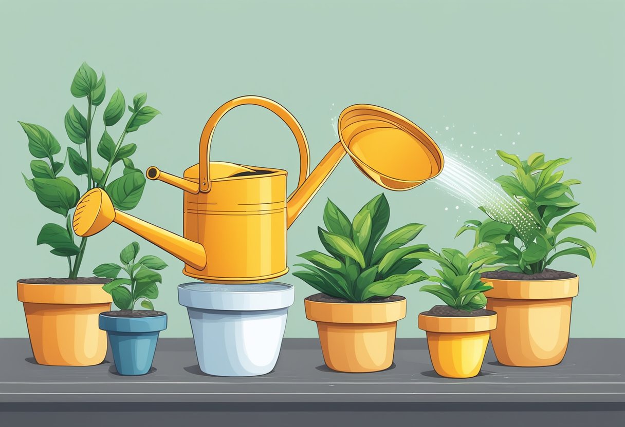 A watering can pouring water onto potted plants, with a measuring tool to gauge soil moisture levels