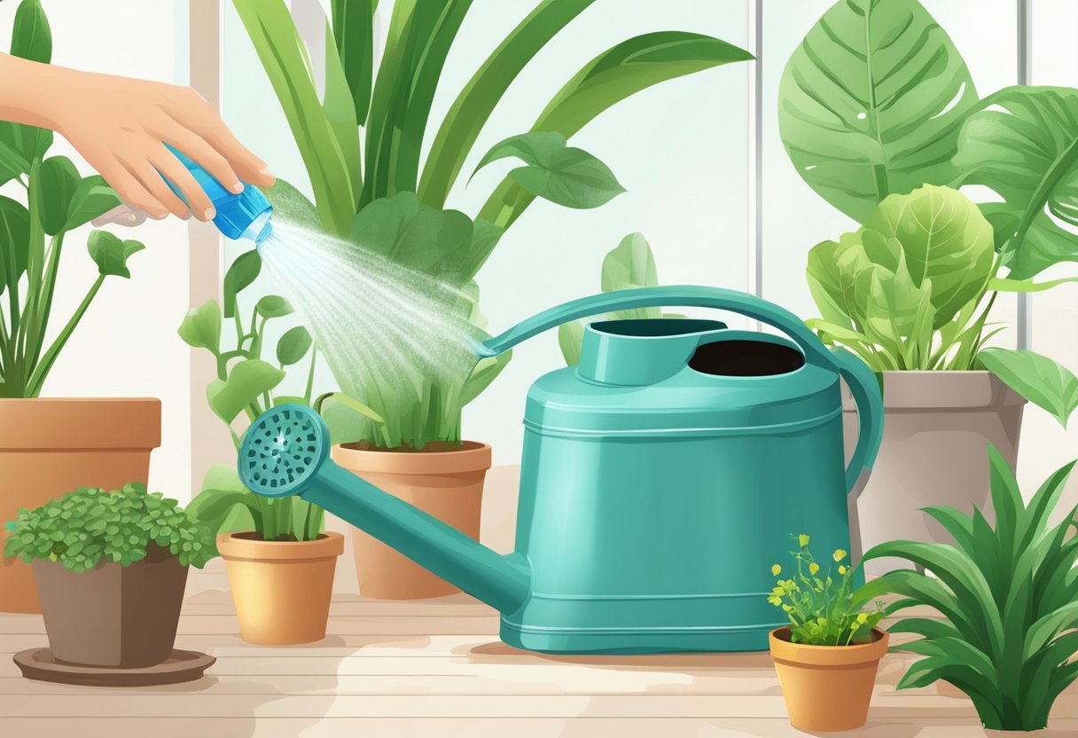A watering can pours water onto a variety of indoor plants, while a spray bottle mists others. A moisture meter checks the soil