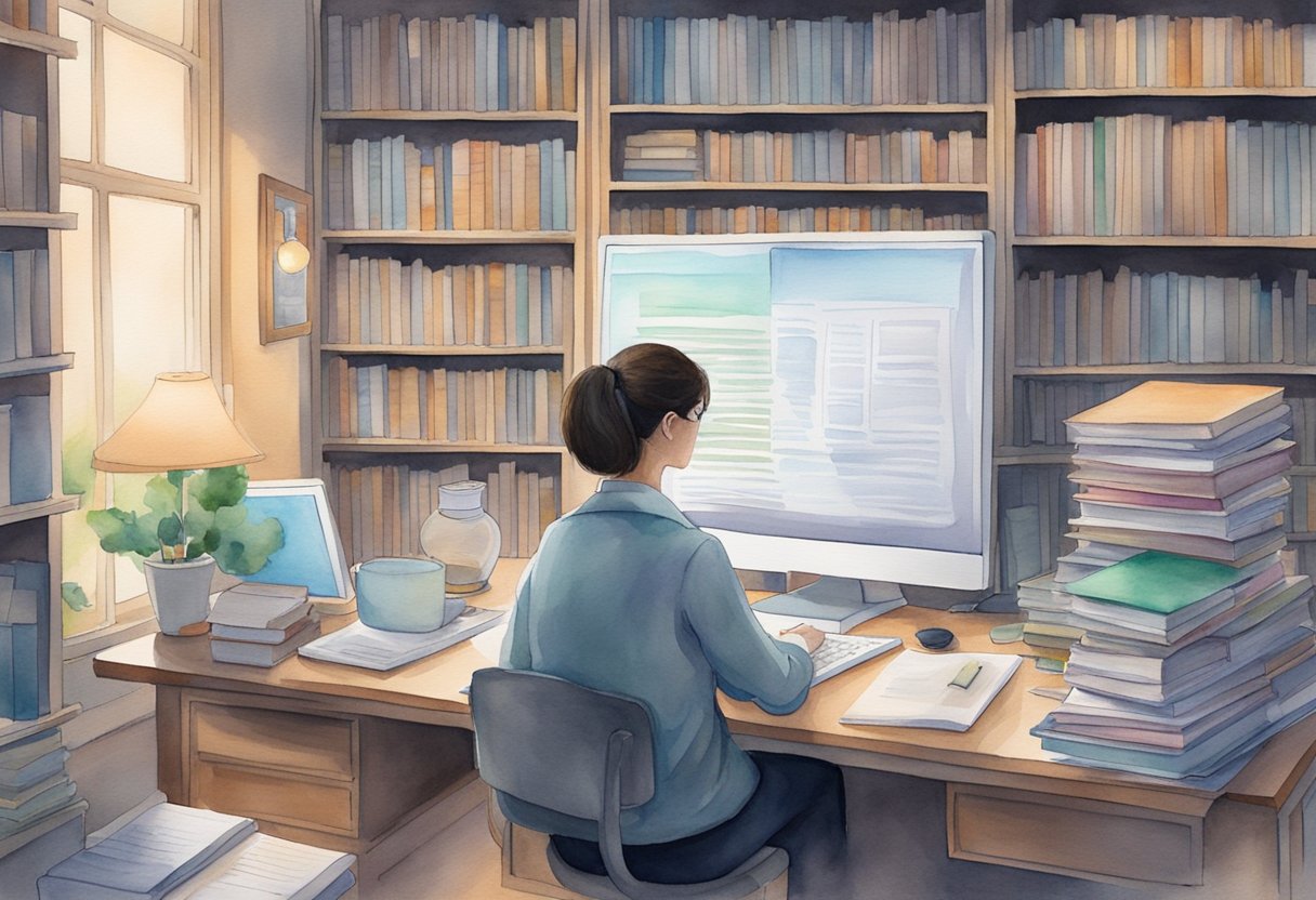 An AI program types an essay on a computer, surrounded by books and research materials