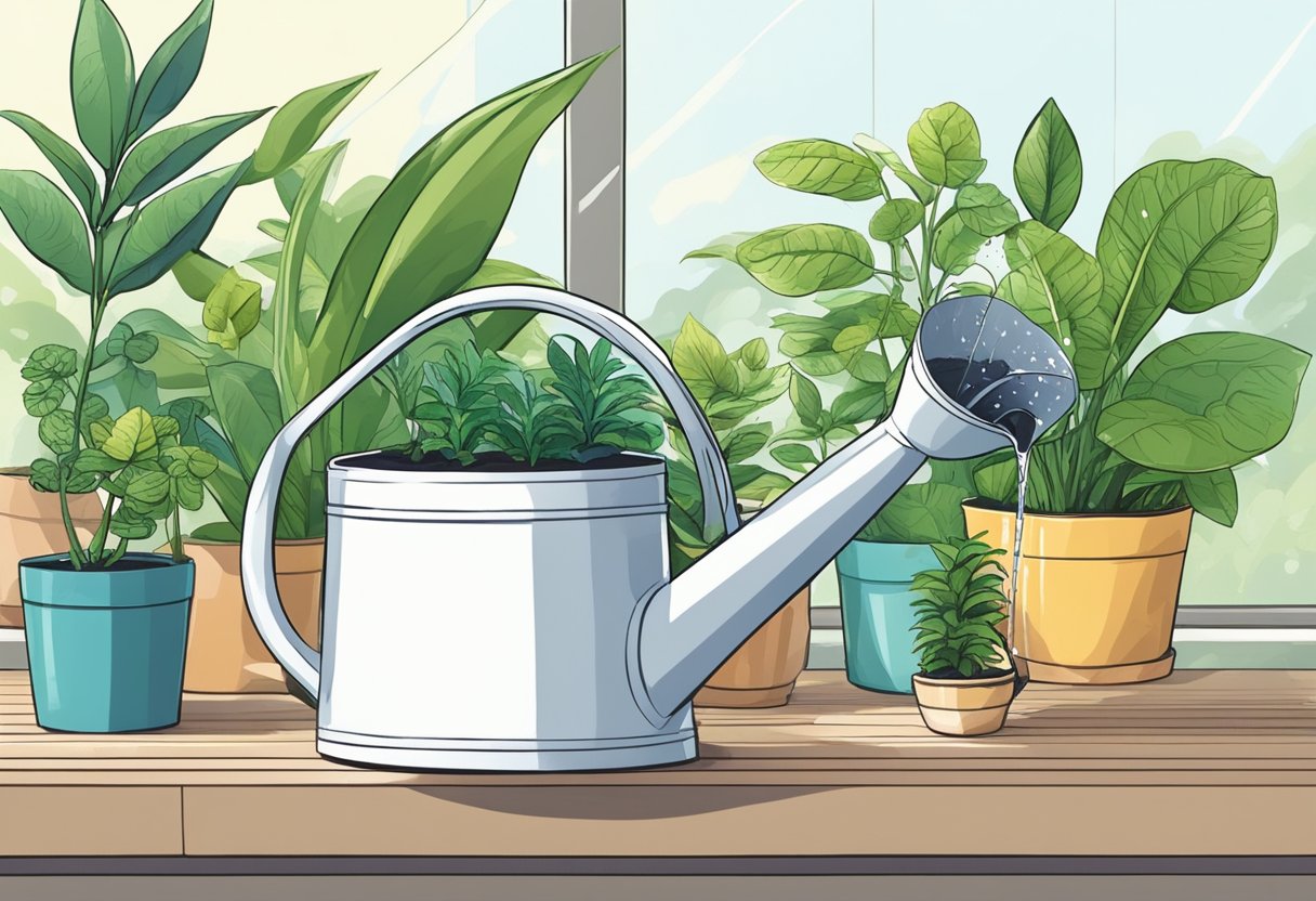 A watering can gently pours water onto a variety of indoor plants, ensuring each one receives the right amount of hydration