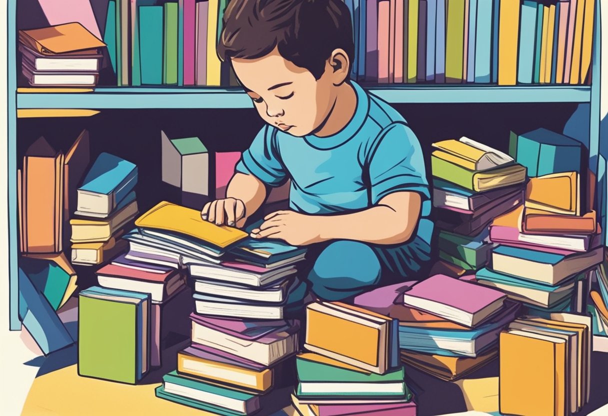 A stack of baby name books surrounded by colorful swatches and a notepad filled with potential names. A parent sits at a desk, deep in thought, considering the name "Ellison."