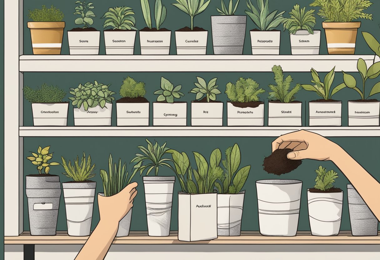A variety of soil types sit on a shelf, labeled for different plant types. A hand reaches for a bag marked "indoor plants."