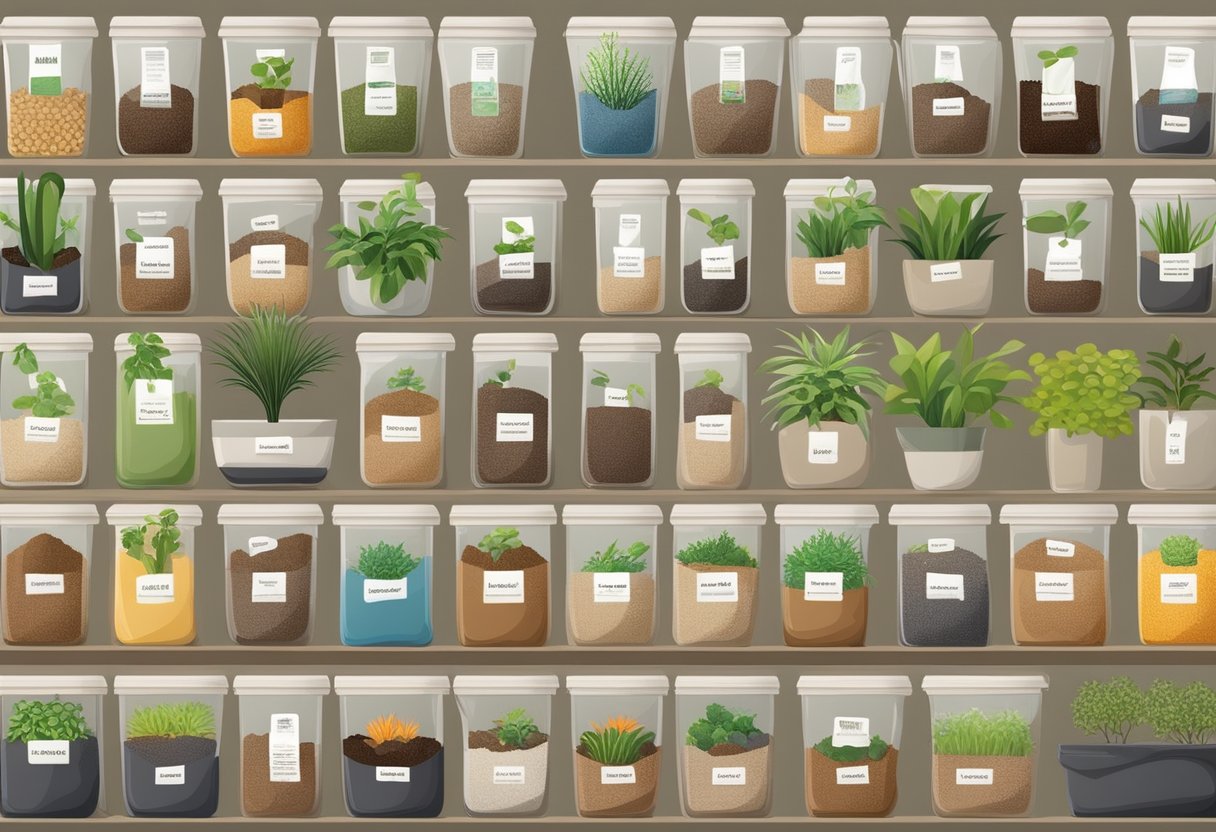 A variety of indoor plant soils in bags and containers, with labels indicating different types and purposes. Bright, clean setting with natural light