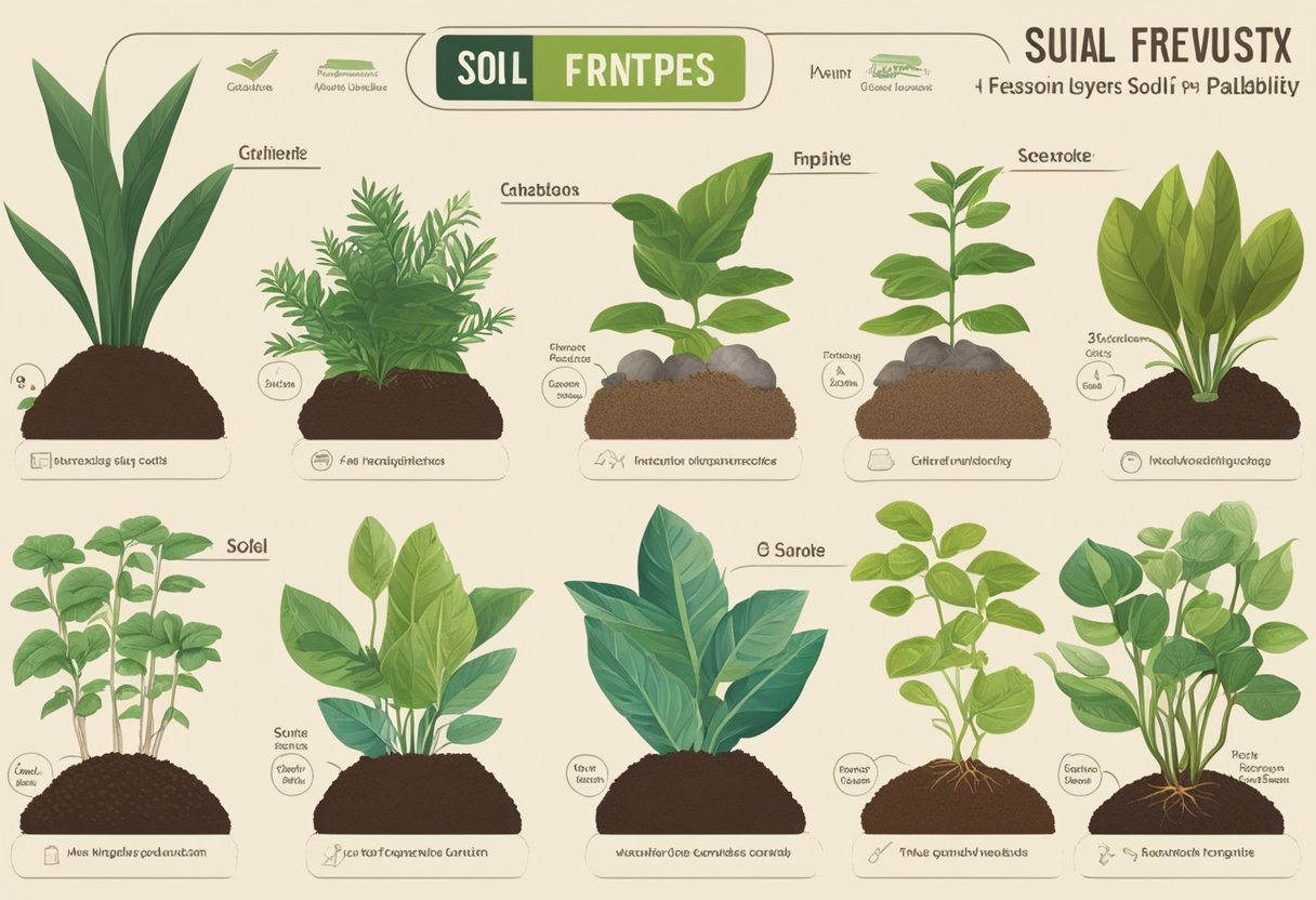 A variety of soil types are displayed, with labels indicating their suitability for different indoor plants. A chart or guide is shown nearby for easy reference