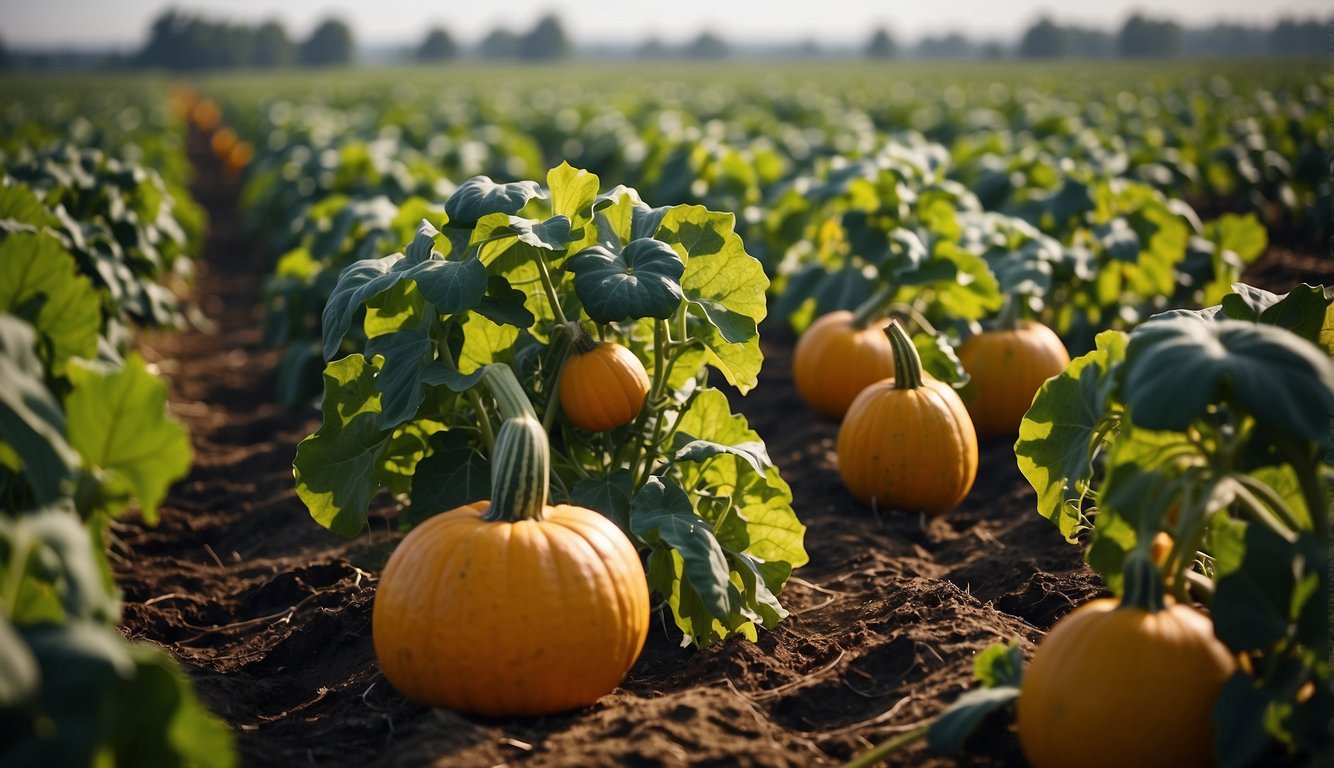 Healthy winter squash vines grow in rows. Workers harvest ripe squash from the fields