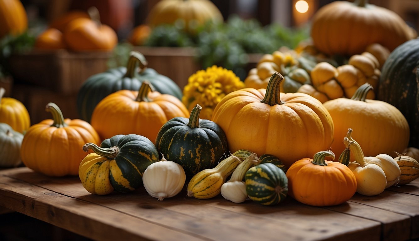 A table adorned with a colorful array of winter squash varieties, including butternut, acorn, and spaghetti squash, with their unique shapes and vibrant hues on display