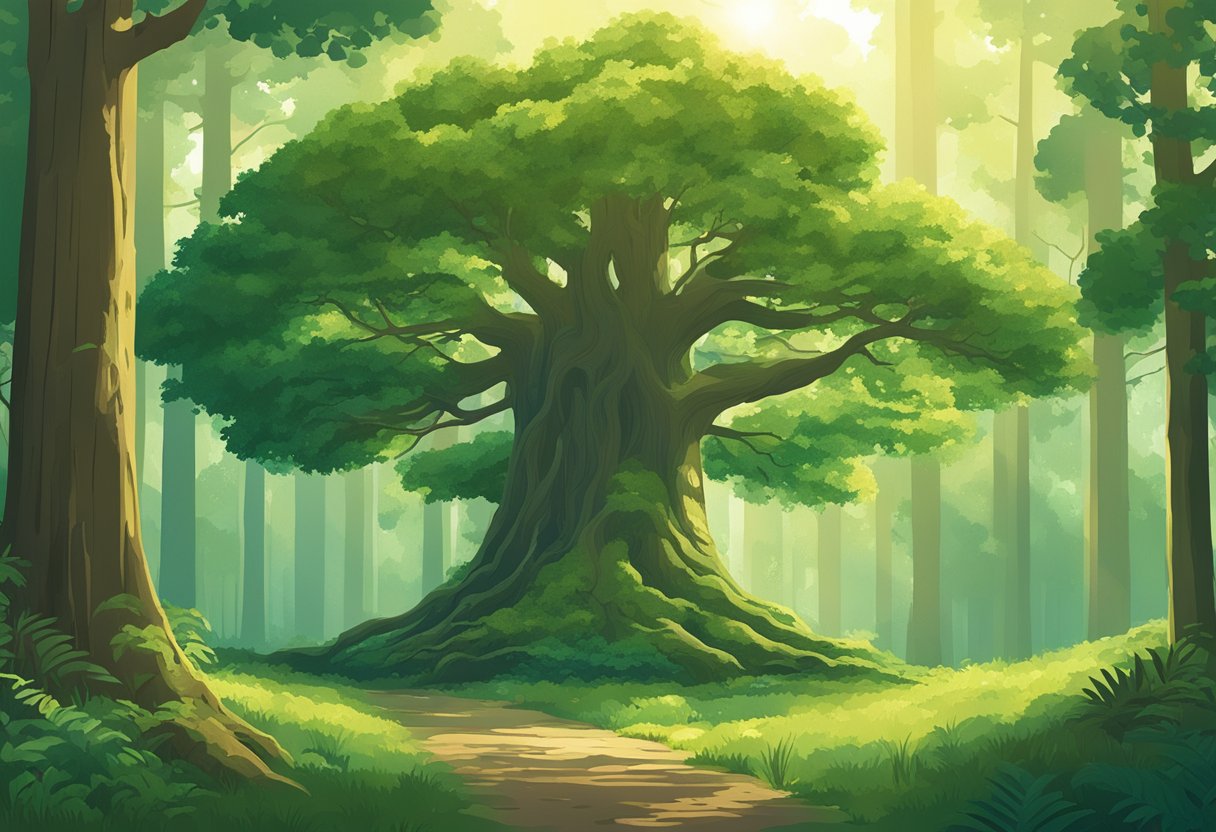 A tree with lush green leaves stands tall in a forest clearing, with the name "Elowen" carved into its trunk. Sunlight filters through the branches, casting dappled shadows on the ground