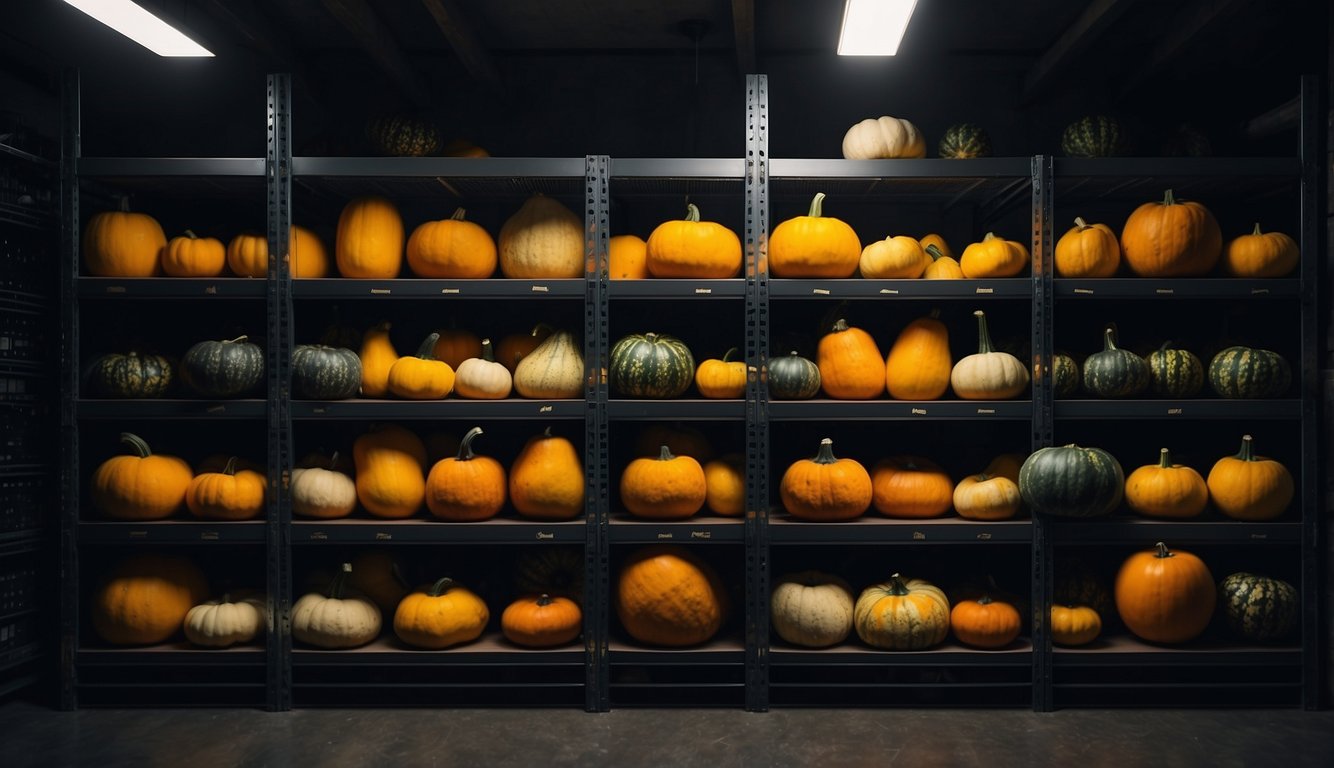 Winter squash neatly arranged on shelves in a cool, dark storage room with proper ventilation and humidity control