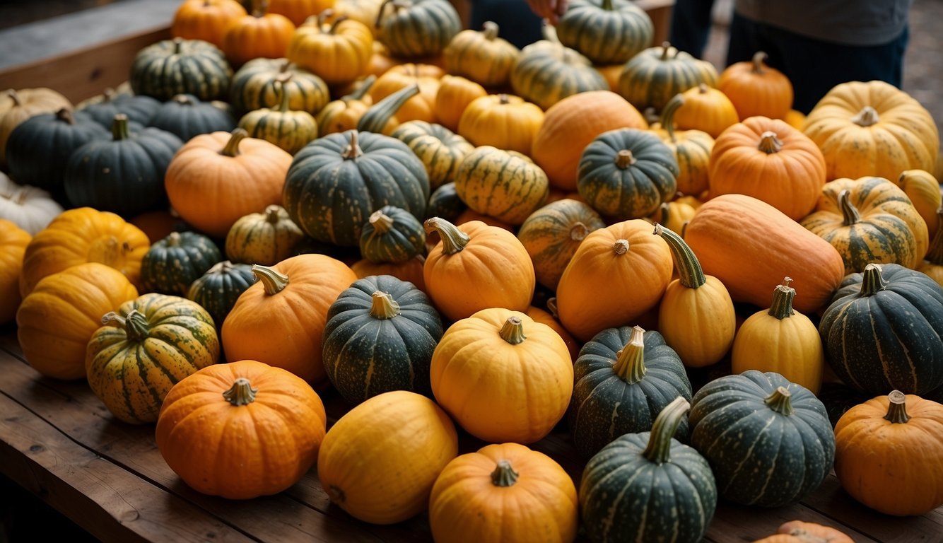 A hand reaches for different varieties of winter squash on a display table. Labels indicate each type's unique characteristics