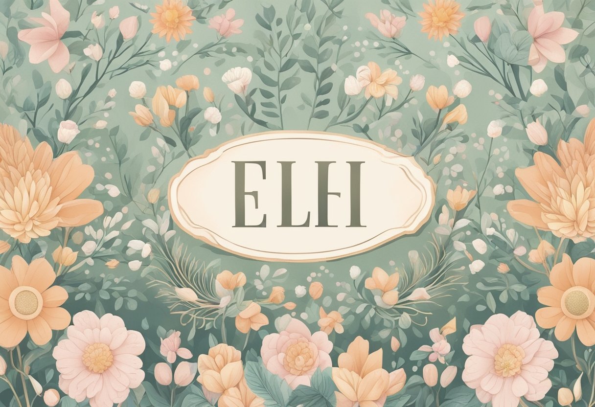 Elowen baby name trending on charts, surrounded by floral motifs and soft pastel colors