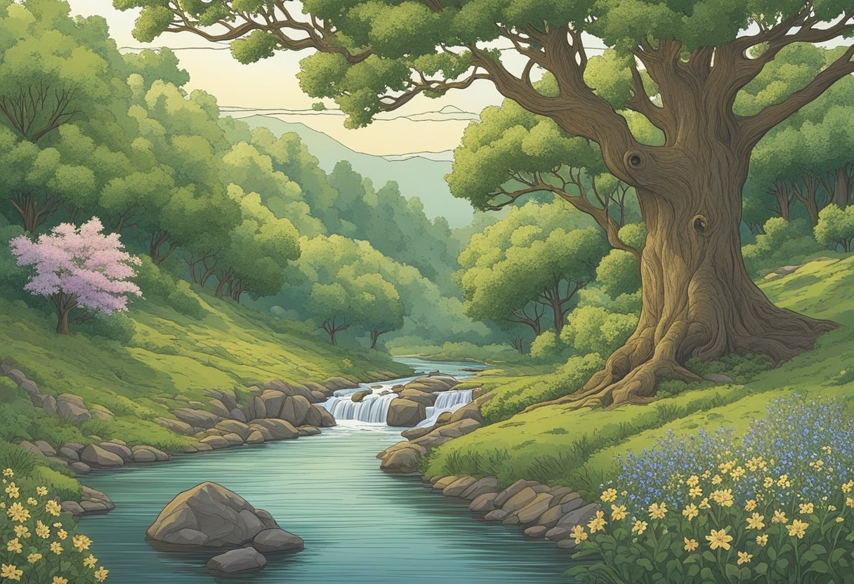 A lush forest with a majestic oak tree, surrounded by blooming wildflowers and a flowing river, symbolizing the cultural significance of the baby name Elowen