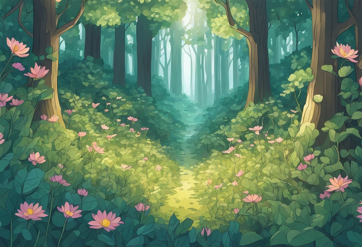 A whimsical forest with sunlight filtering through the leaves, illuminating a cluster of elowen flowers in a tranquil clearing