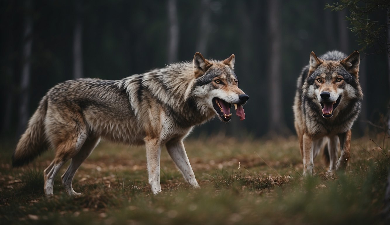 A pack of wolves surrounds a fresh kill, their sharp teeth tearing into the flesh of a large prey animal.

Some wolves eagerly devour the meat while others stand guard, their golden eyes alert for any potential threats