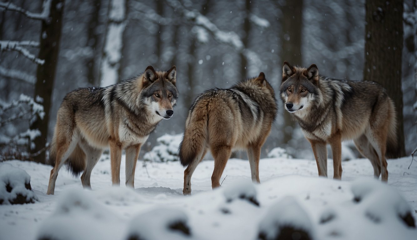 Wolves hunt in a pack, stalking prey through a snowy forest.

They prefer to eat large ungulates such as deer and elk, working together to bring down their meal