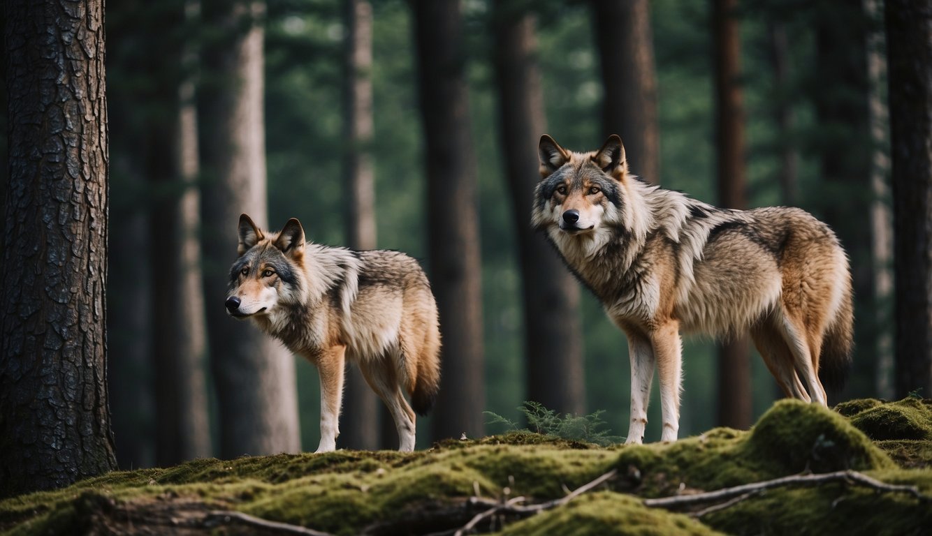 Wolves hunt deer, elk, and smaller mammals in a dense forest.

They move stealthily through the trees, their keen senses alert for any sign of prey