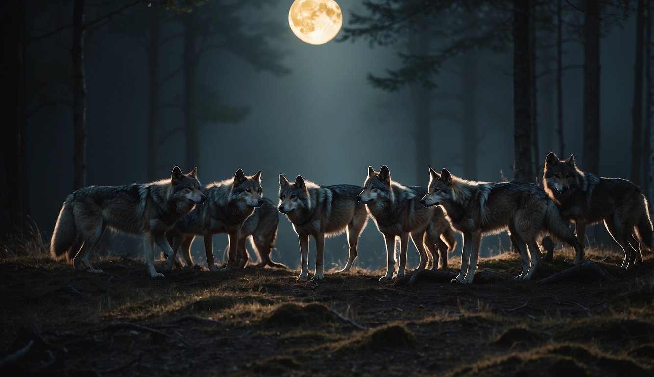 A pack of wolves feasting on a freshly caught deer, surrounded by a dense forest with the moon casting a soft glow on the scene