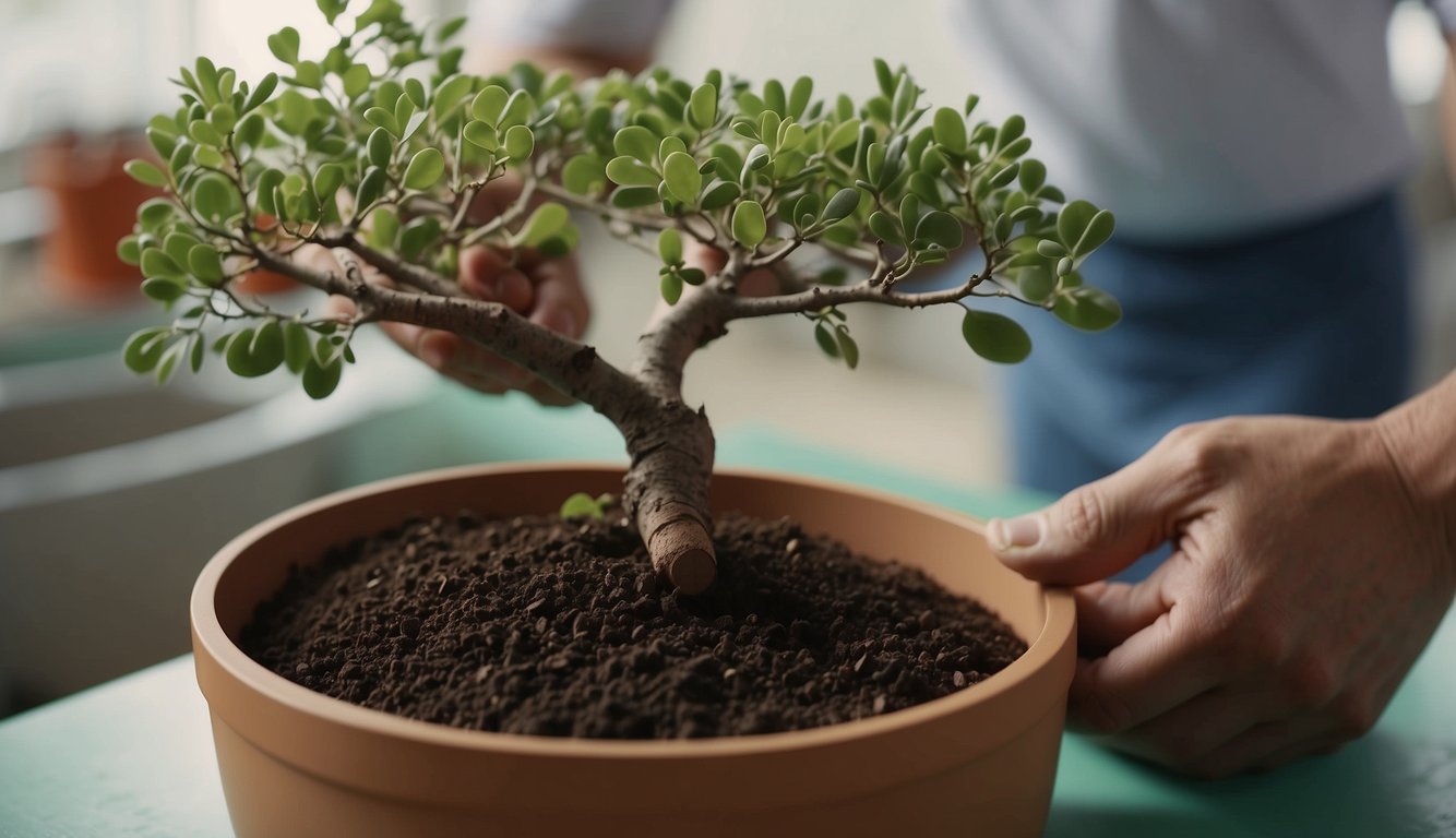 A mature jade tree branch is being carefully cut and placed into a pot of well-draining soil, while another branch is being dipped in rooting hormone before being planted