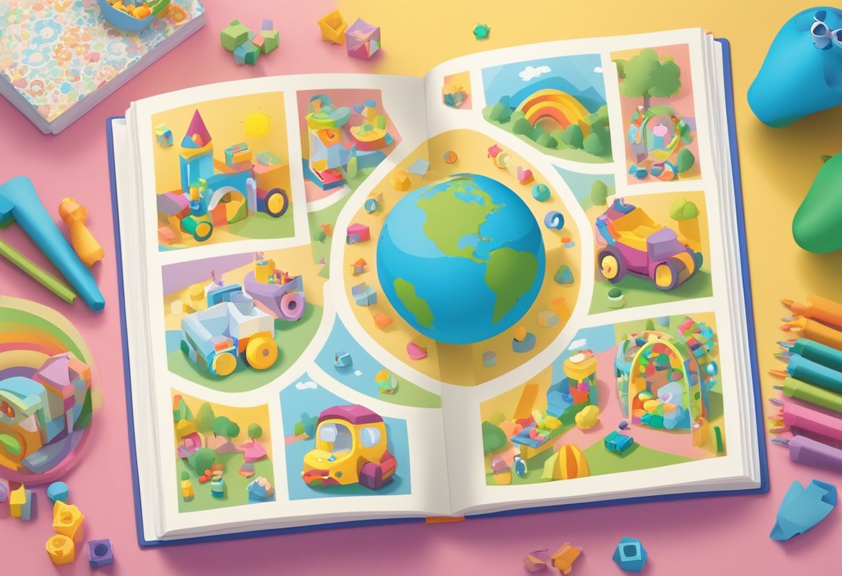 A baby name book open to the page with the name "Emma" circled, surrounded by colorful toys and family photos