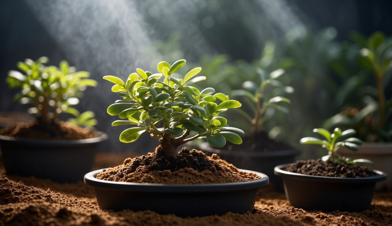 A jade tree cutting is placed in a well-draining soil mix, with a misting system to maintain humidity. A grow light provides optimal conditions for root development