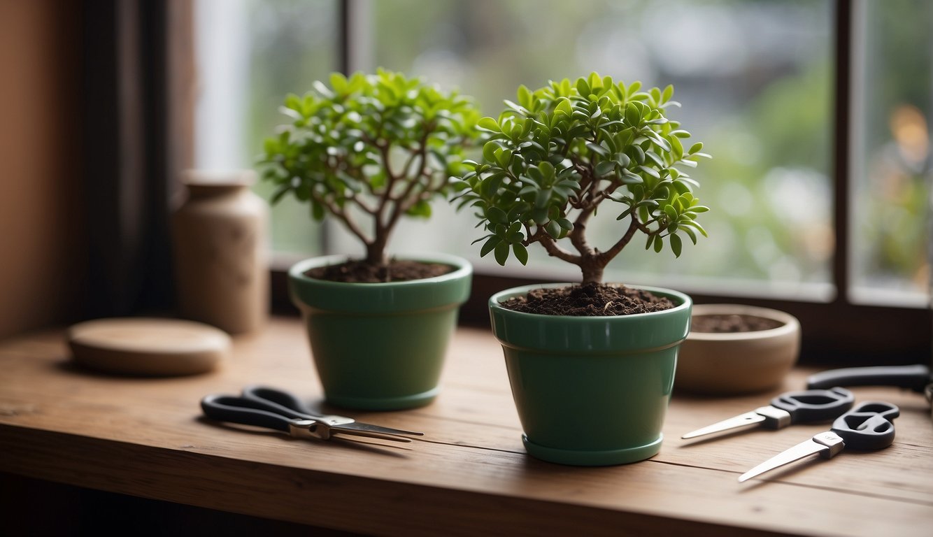 Conclusion jade tree propagation: A small pot filled with soil, a jade tree cutting, and a pair of gardening scissors on a wooden table