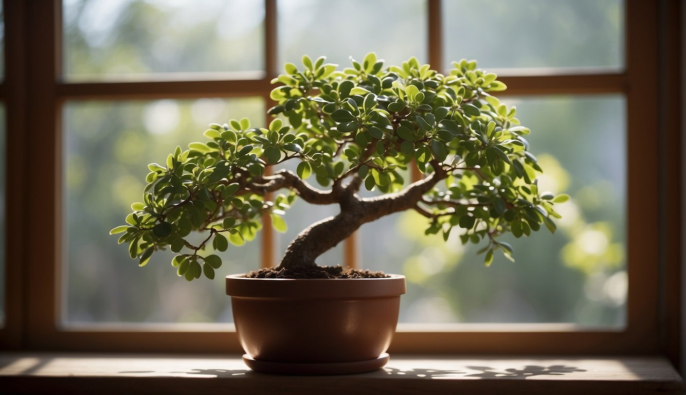A jade tree cutting is placed in a small pot of soil. A misting bottle and pruning shears are nearby. A bright, sunny window illuminates the scene