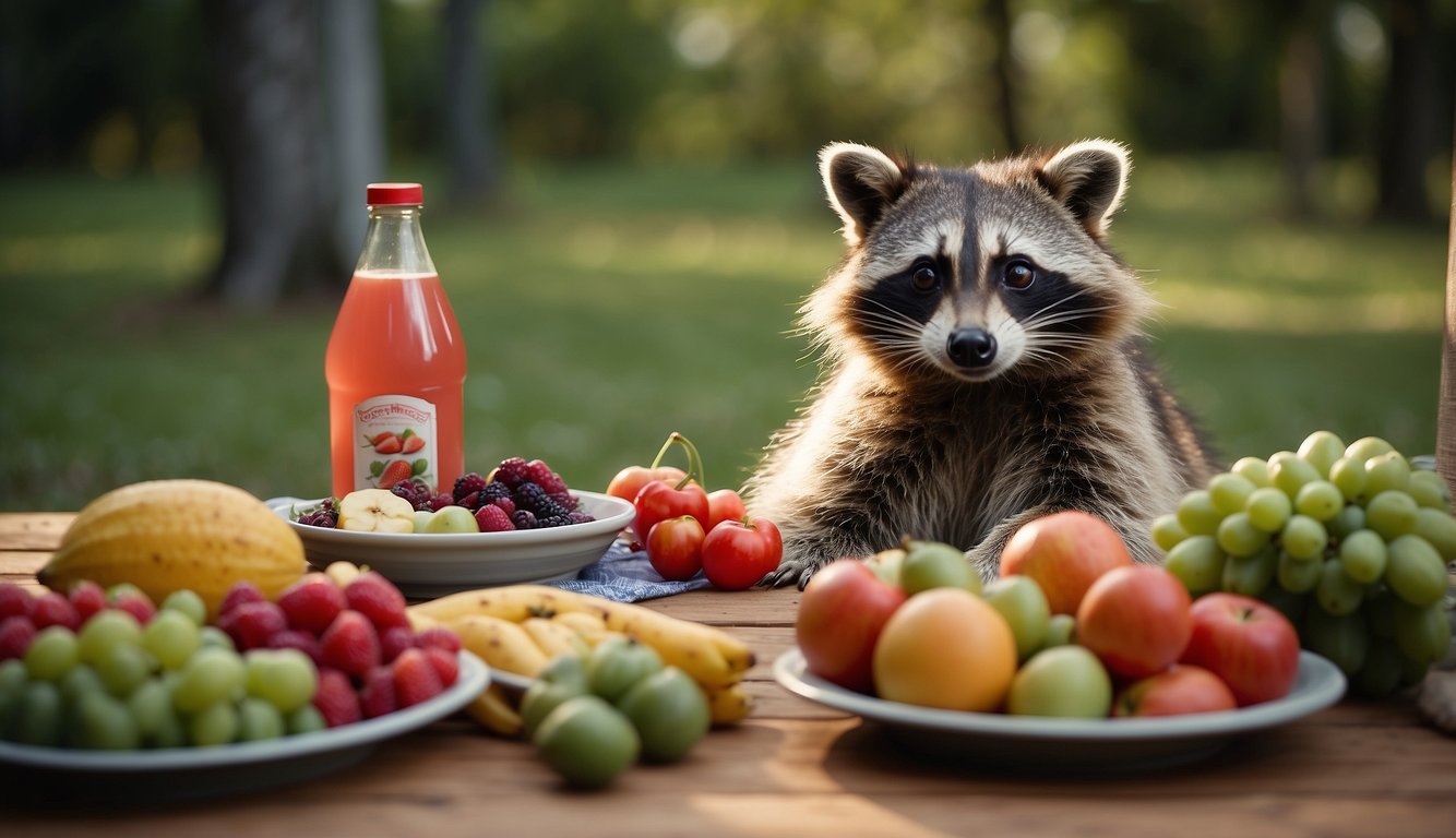 A raccoon sits at a picnic table surrounded by a variety of food containers, including a mix of fruits, vegetables, and scraps.

The raccoon's paws are reaching for a piece of watermelon, while its eyes are wide with excitement