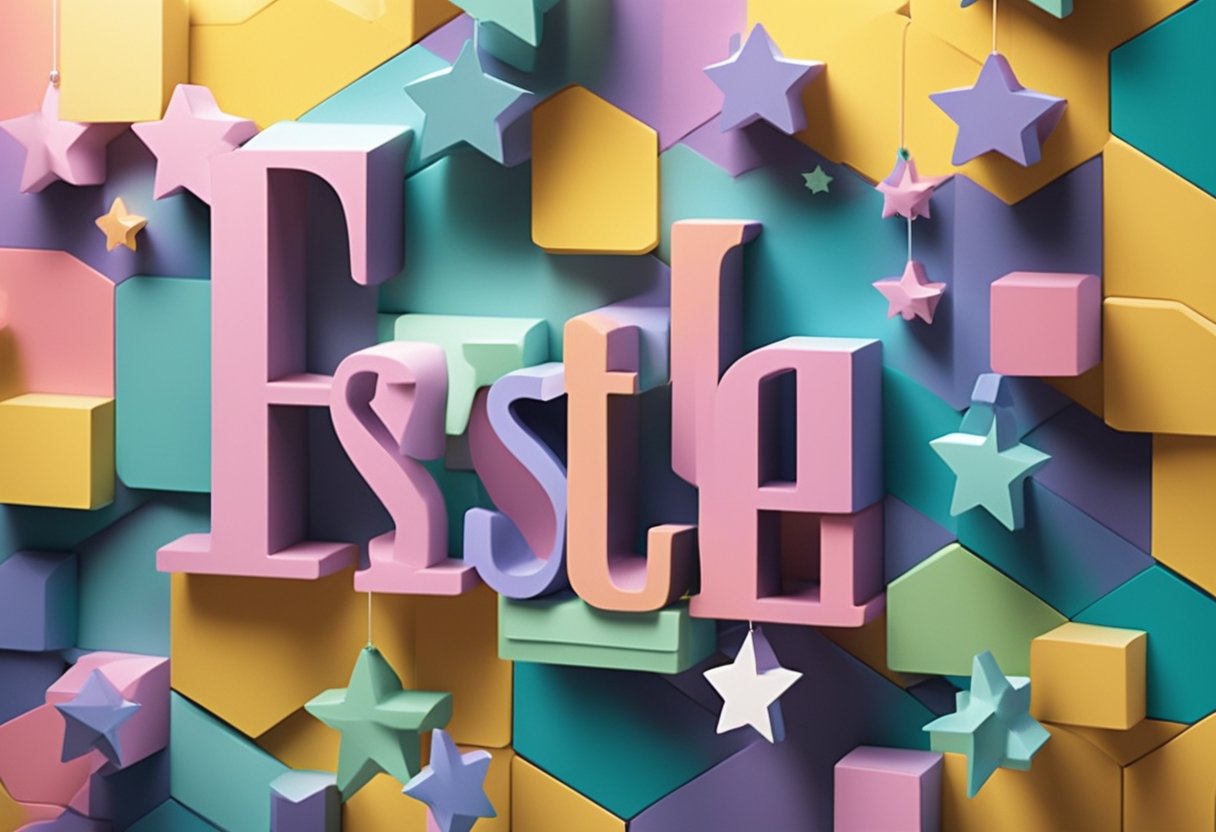 Estelle's name written in colorful block letters on a nursery wall with a mobile of stars hanging above