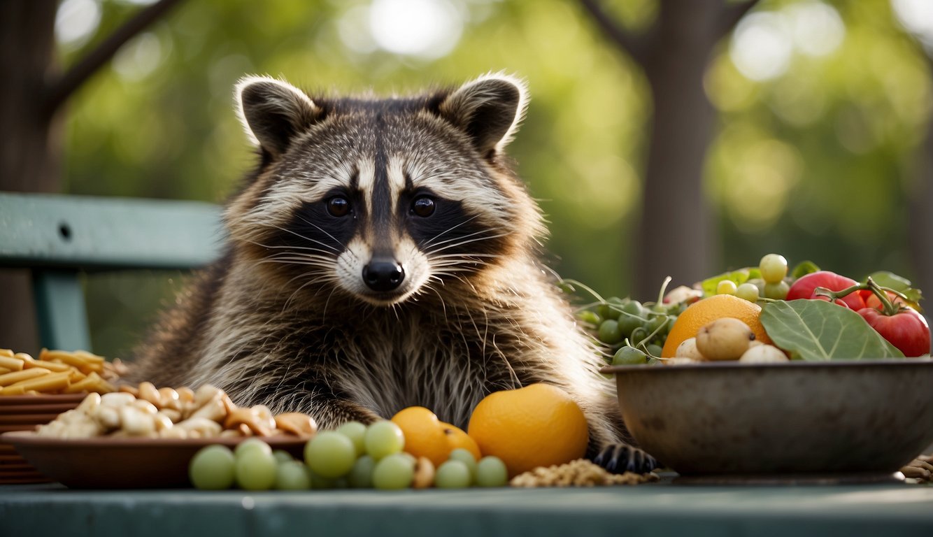 A raccoon sits at a picnic table surrounded by a variety of food scraps, including fruits, vegetables, and leftovers from a trash can