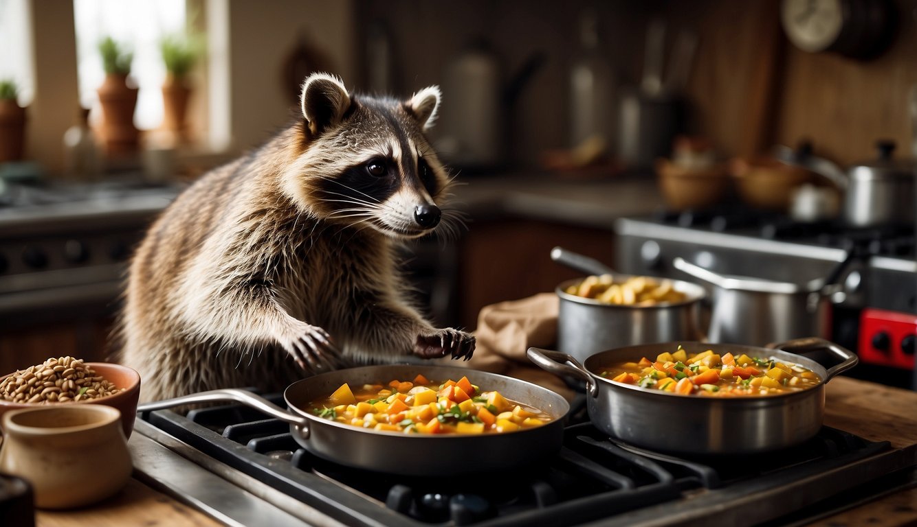 A raccoon stirs a bubbling pot on a rustic stove, surrounded by colorful ingredients and cooking utensils.

The aroma of spices fills the cozy kitchen as the raccoon prepares a delicious meal