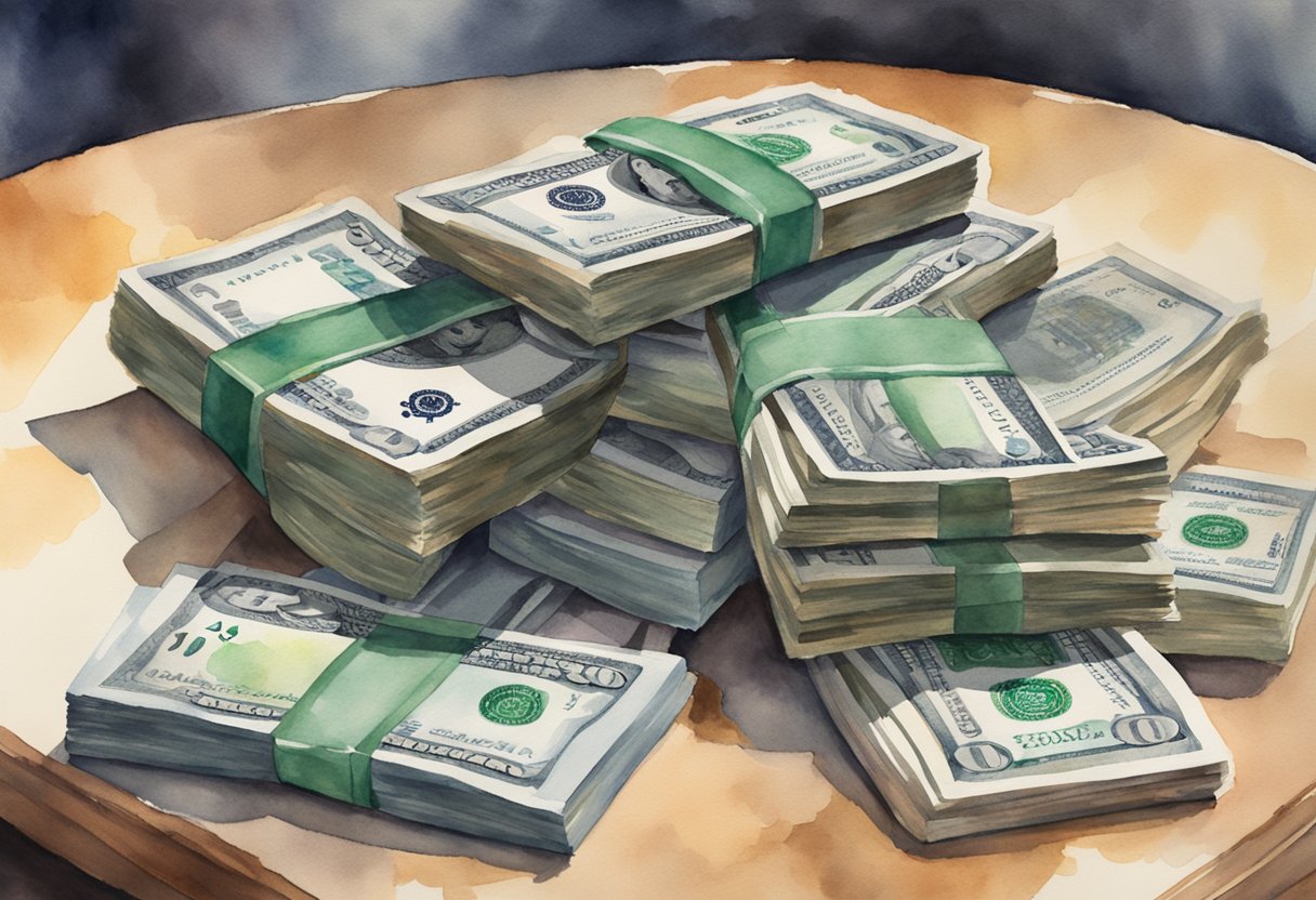 A pile of cash sits on a table with a deck of cards, suggesting a game of solitaire. The cash is neatly arranged and appears to be the focus of the scene