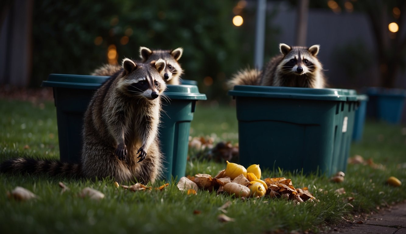 Raccoons scavenging through backyard trash cans at night, feasting on a variety of food scraps and leftovers