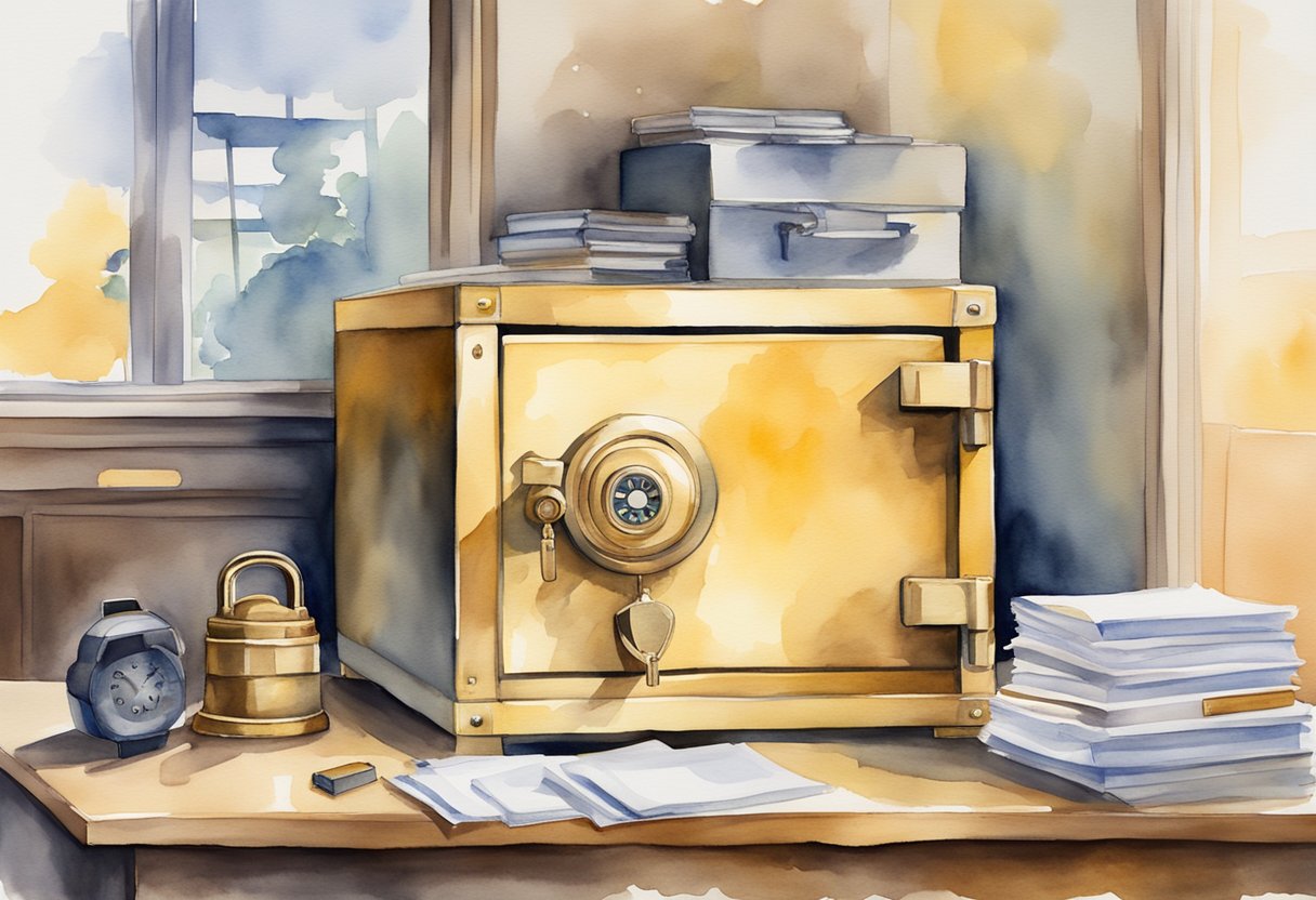A safe with a golden lock sits on a desk, surrounded by documents and security cameras
