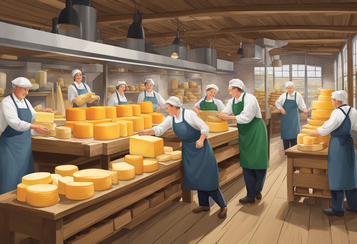 The Volendam Cheese Factory bustles with workers crafting and packaging cheese, while visitors sample and purchase various types of cheese