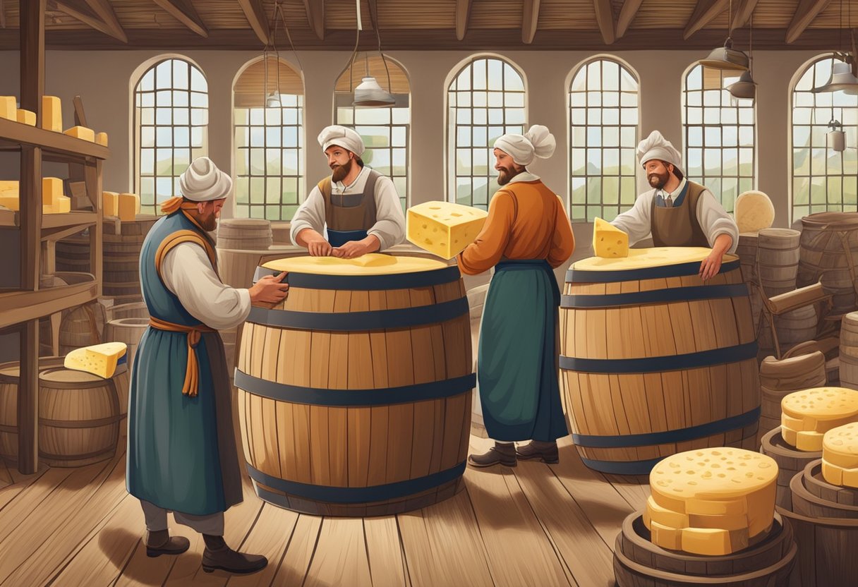 A traditional Dutch cheese factory with wooden barrels, large cheese wheels, and workers in traditional clothing