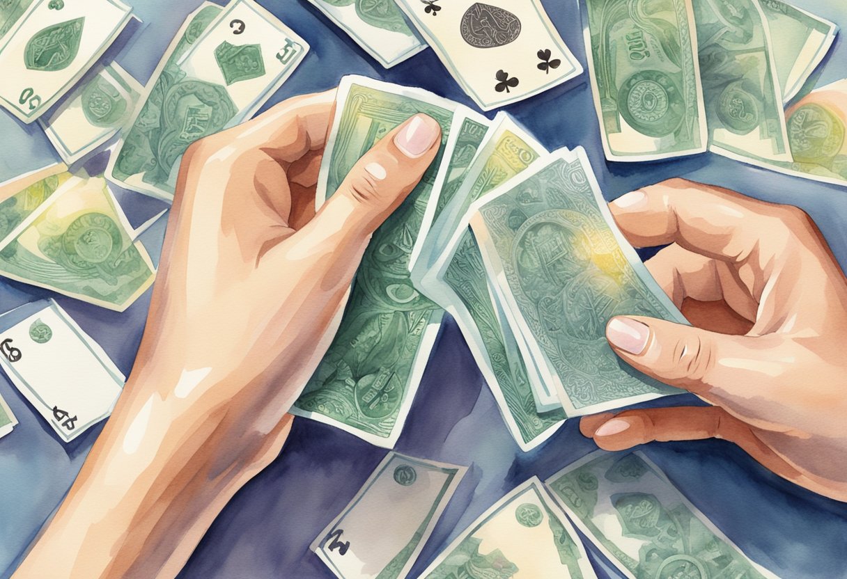 A hand holding a winning solitaire card with real money