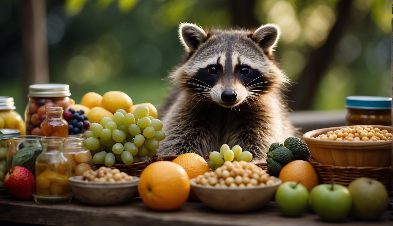 A raccoon sits surrounded by a variety of food items, including fruits, vegetables, and small animals.

The raccoon appears curious and eager to sample each item
