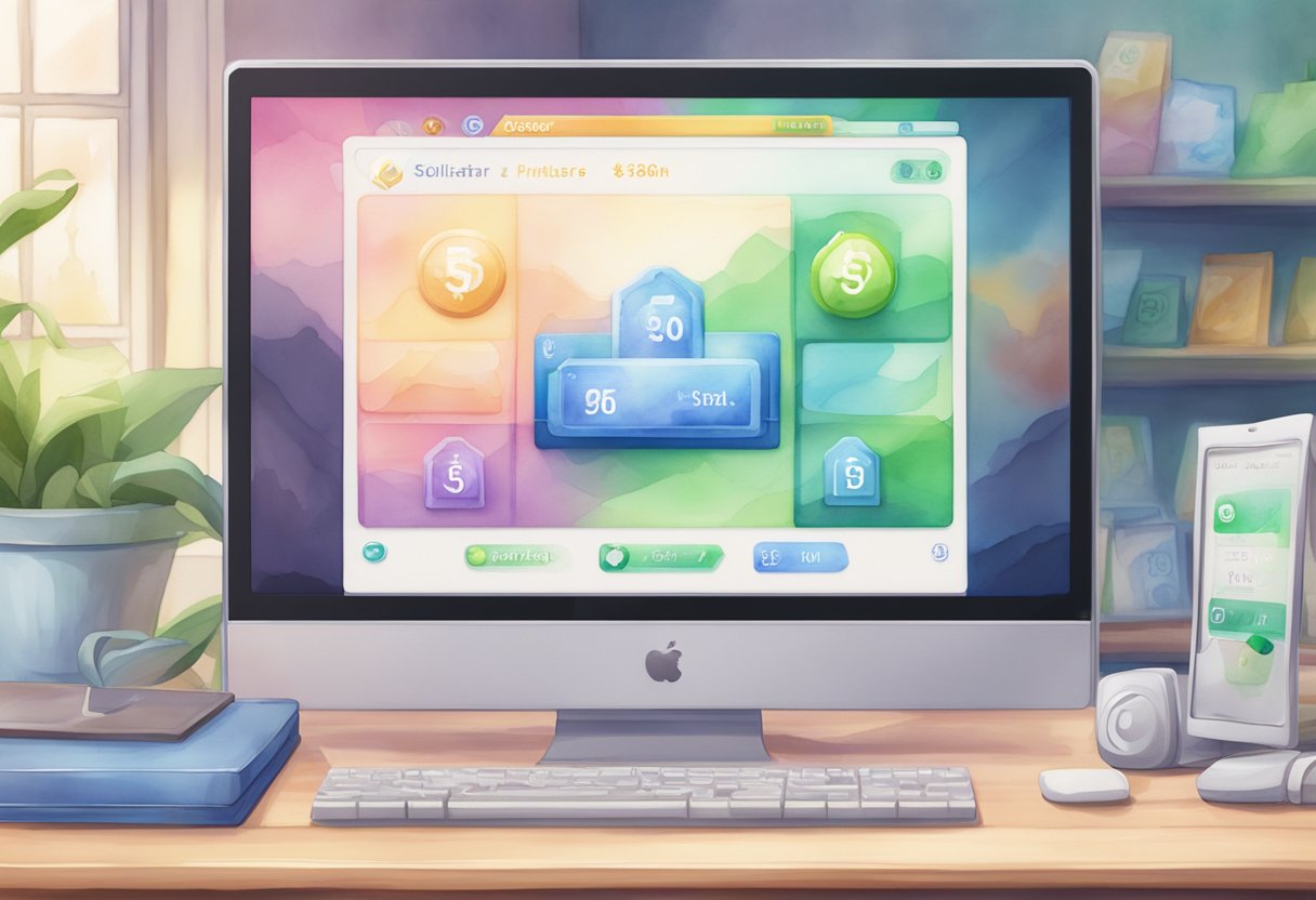 A computer screen displays a progress bar as a game downloads and installs. The "Solitaire Cash" logo is prominent on the screen