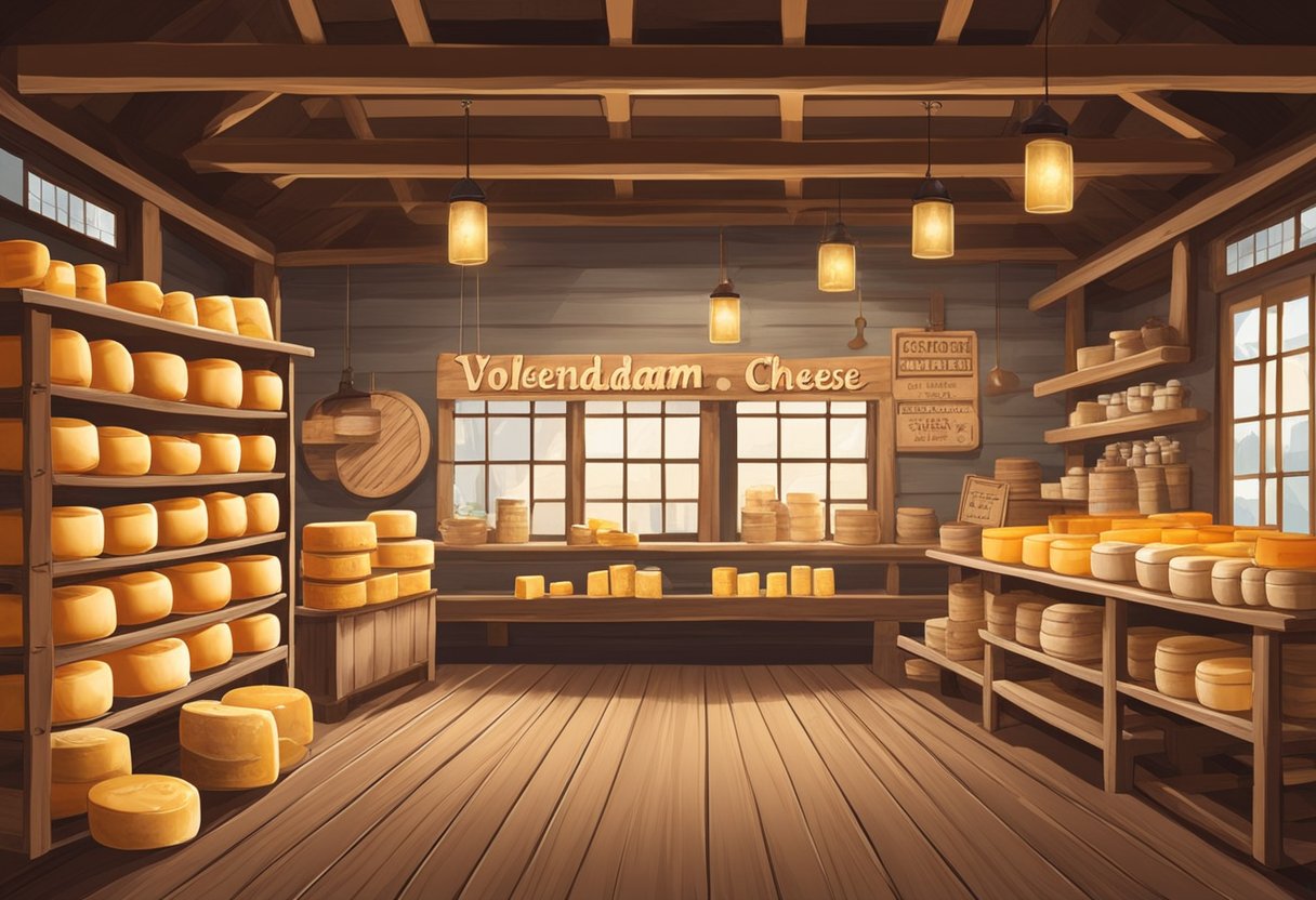 Cheese wheels line shelves in a rustic room with wooden beams. A sign reads "Volendam Cheese Factory." Tasting stations invite visitors to sample various cheeses