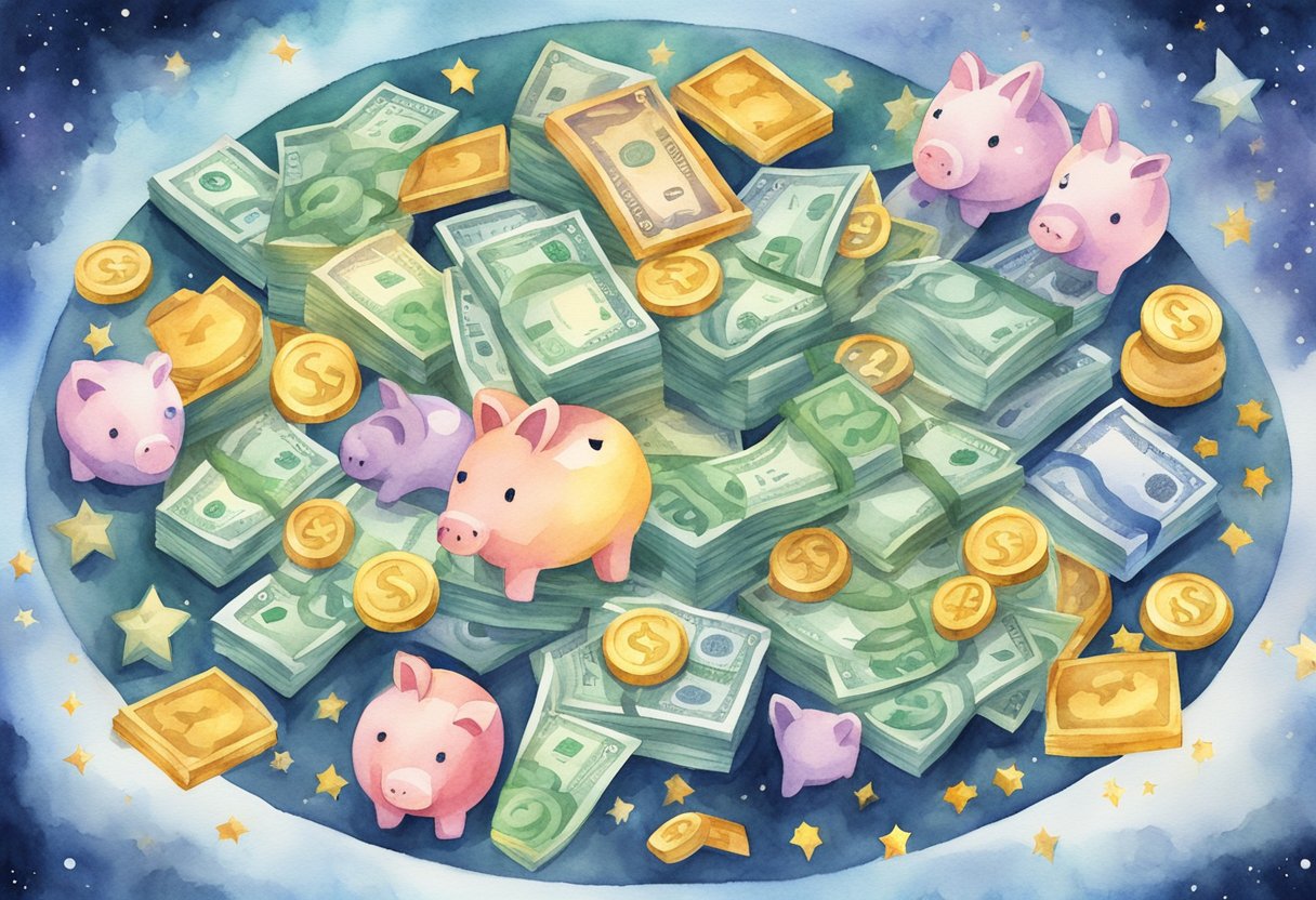 A pile of money and reward symbols arranged in a circular pattern, surrounded by shining stars and dollar signs