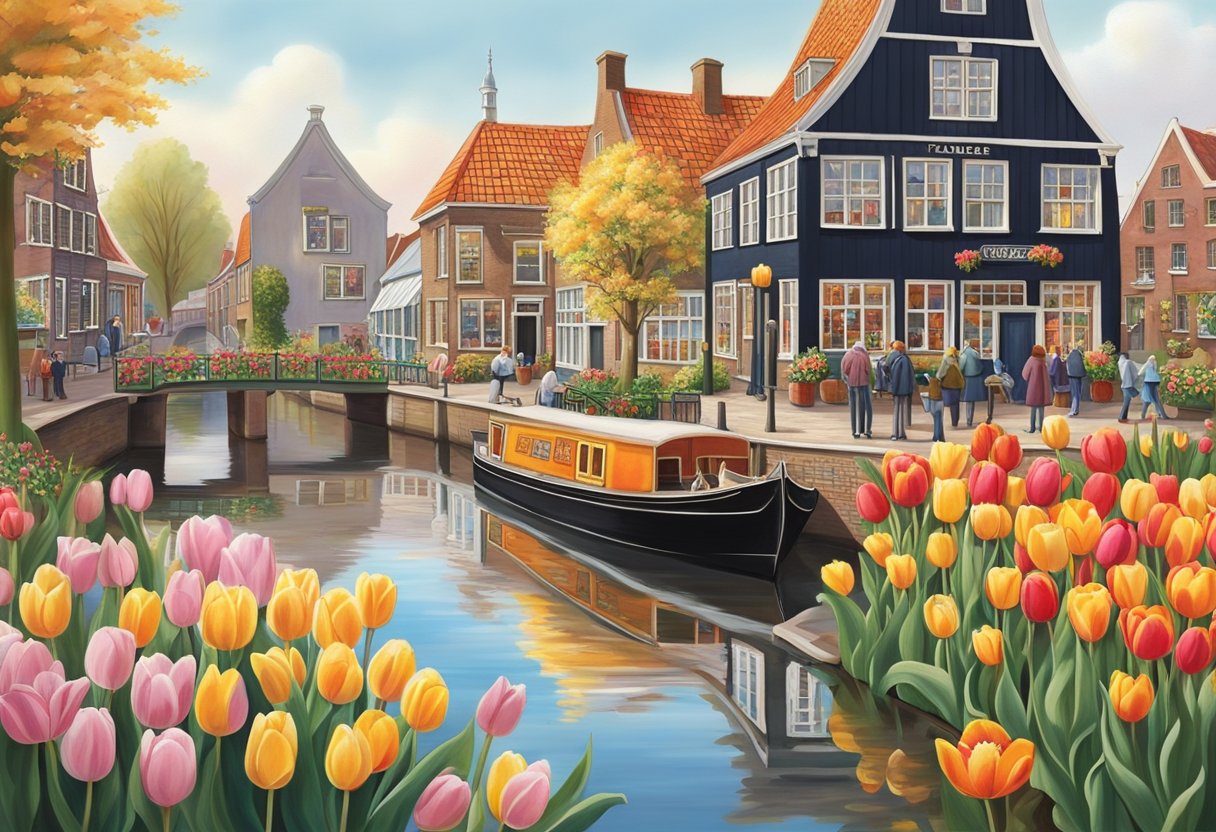 The quaint Volendam Cheese Factory sits nestled amidst charming Dutch architecture, with vibrant tulips blooming in the foreground and a serene canal winding through the picturesque scene