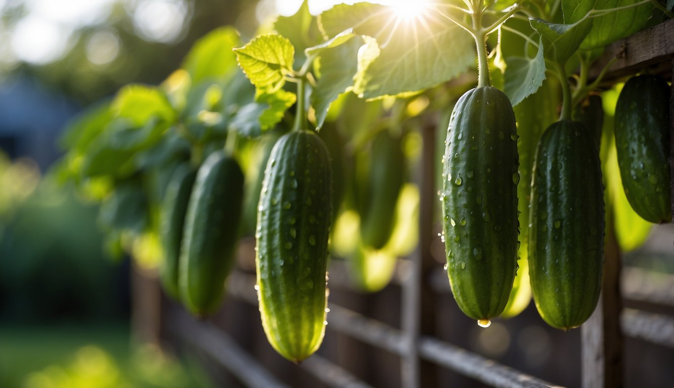 Cucumbers dangle from a trellis, their vibrant green skin glistening in the sunlight. The upside-down plants thrive, their tendrils reaching towards the ground