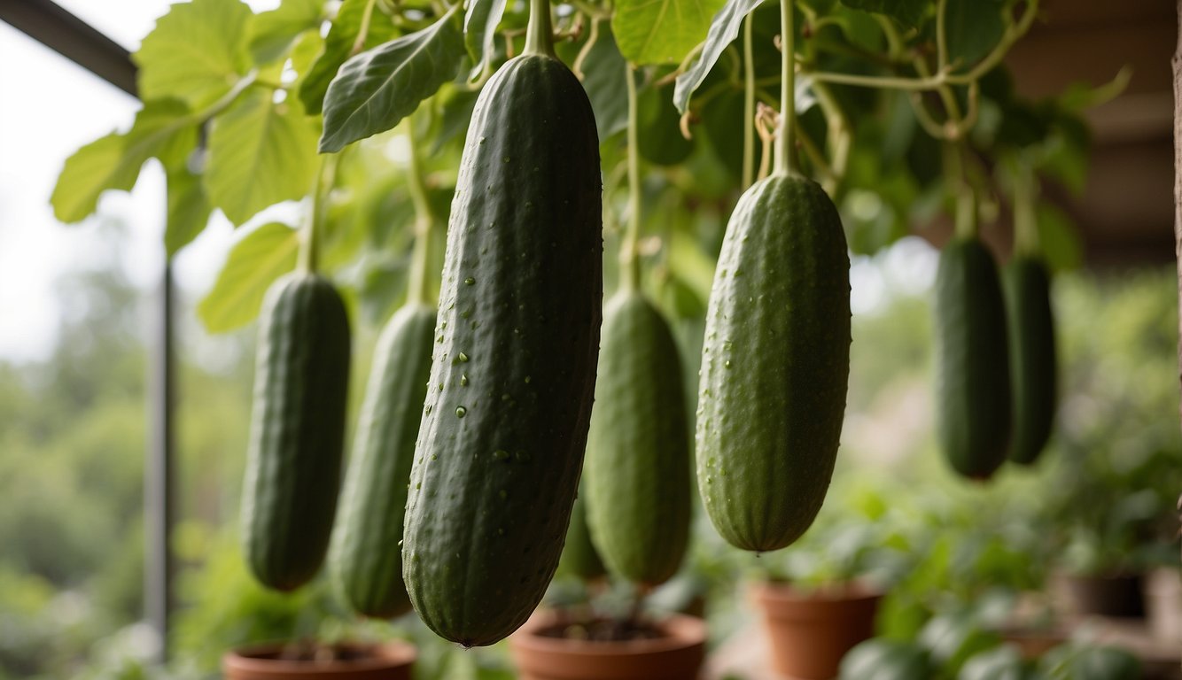 Cucumbers hang from suspended pots, roots reaching towards the ground, while vines grow upward in an unconventional upside-down garden