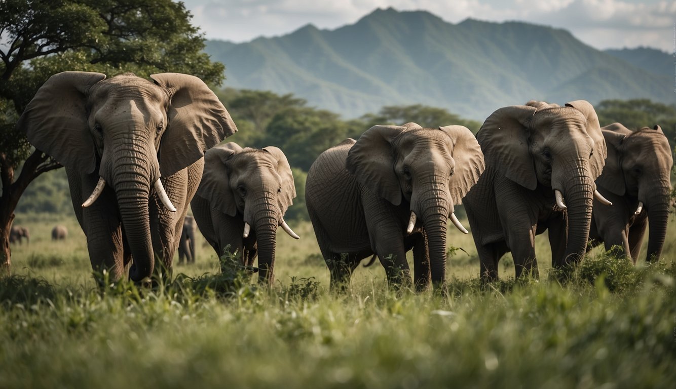 A herd of elephants grazes on lush green grass, their massive bodies towering over the landscape.

Trees sway in the background as the elephants use their trunks to pluck leaves from the branches