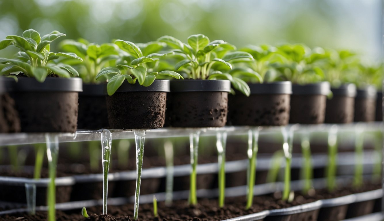 Seedlings are carefully placed into hanging containers, soil is added, and the containers are hung upside down. Water is gently poured over the seedlings, and they are carefully monitored for growth