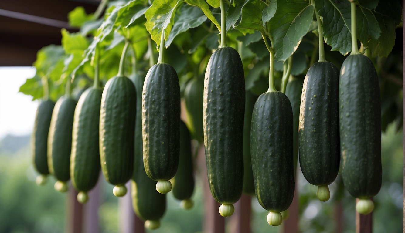 Cucumber plants hang upside down, supported by a sturdy frame. Vines cascade downward, with ripe cucumbers hanging from the vines