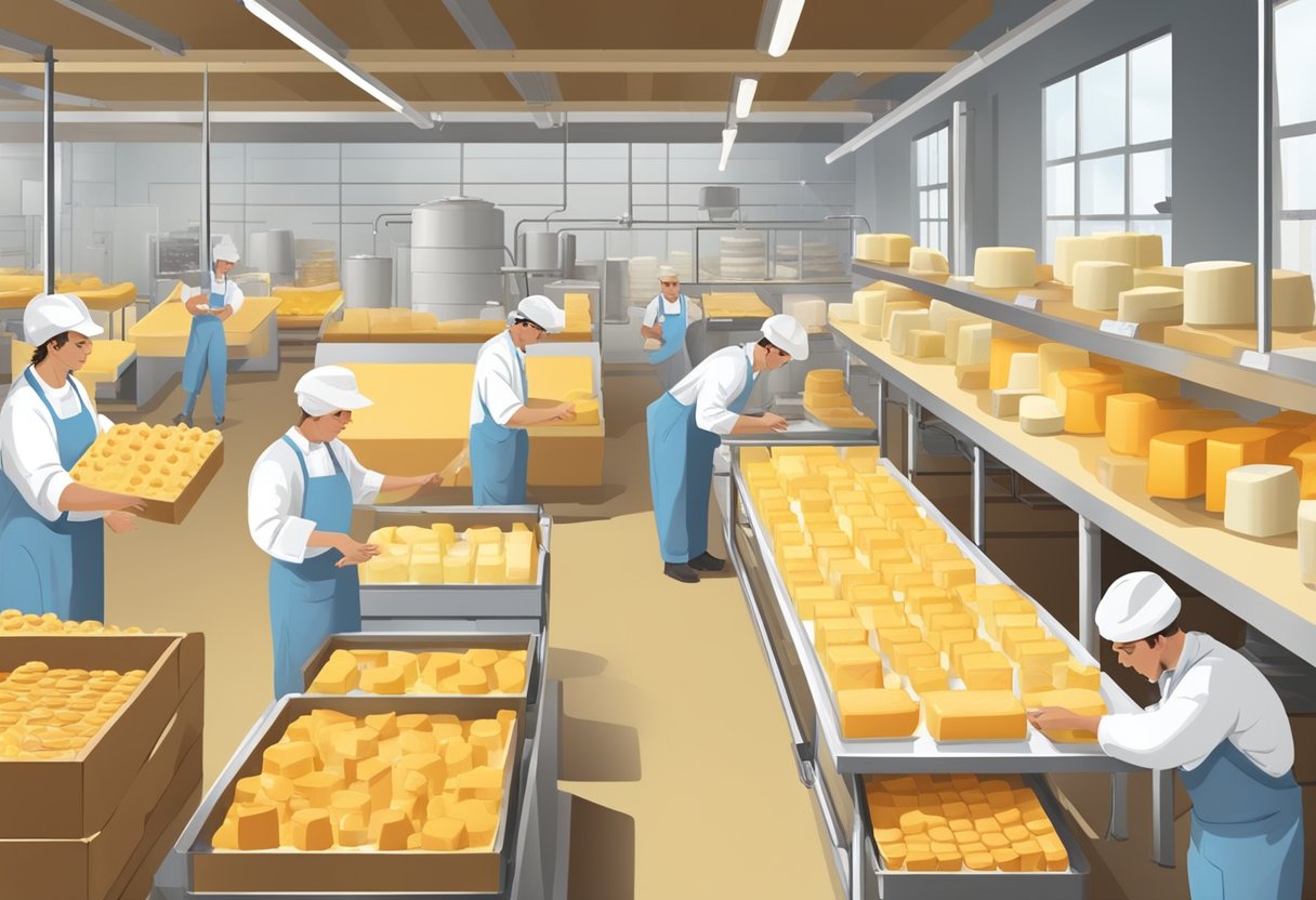 A bustling cheese factory with visitors sampling and purchasing various cheese products, while workers diligently produce and package cheese