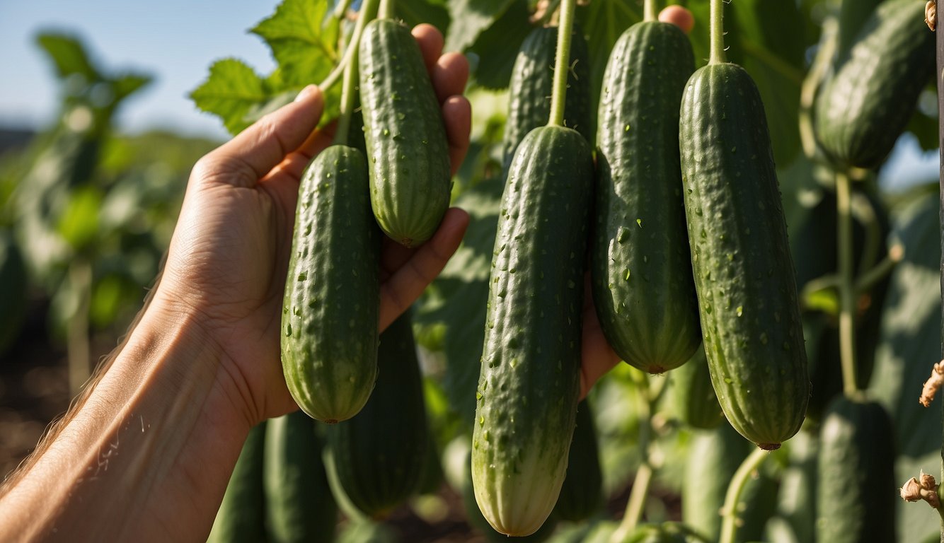 Cucumbers hang from a trellis, growing upside down. A person reaches up to harvest them for use