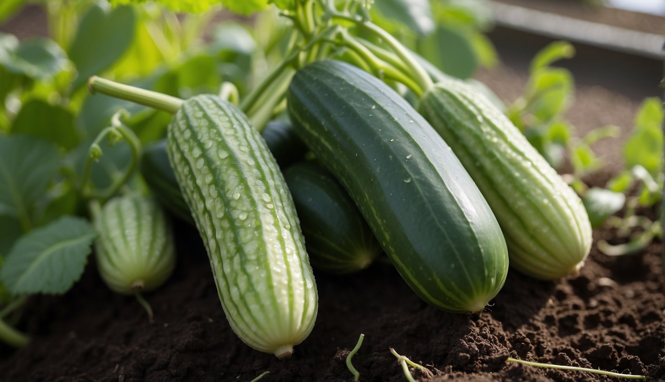 Cucumbers grow upside down, intertwined with other plants, in a garden bed with clear signs of crop rotation